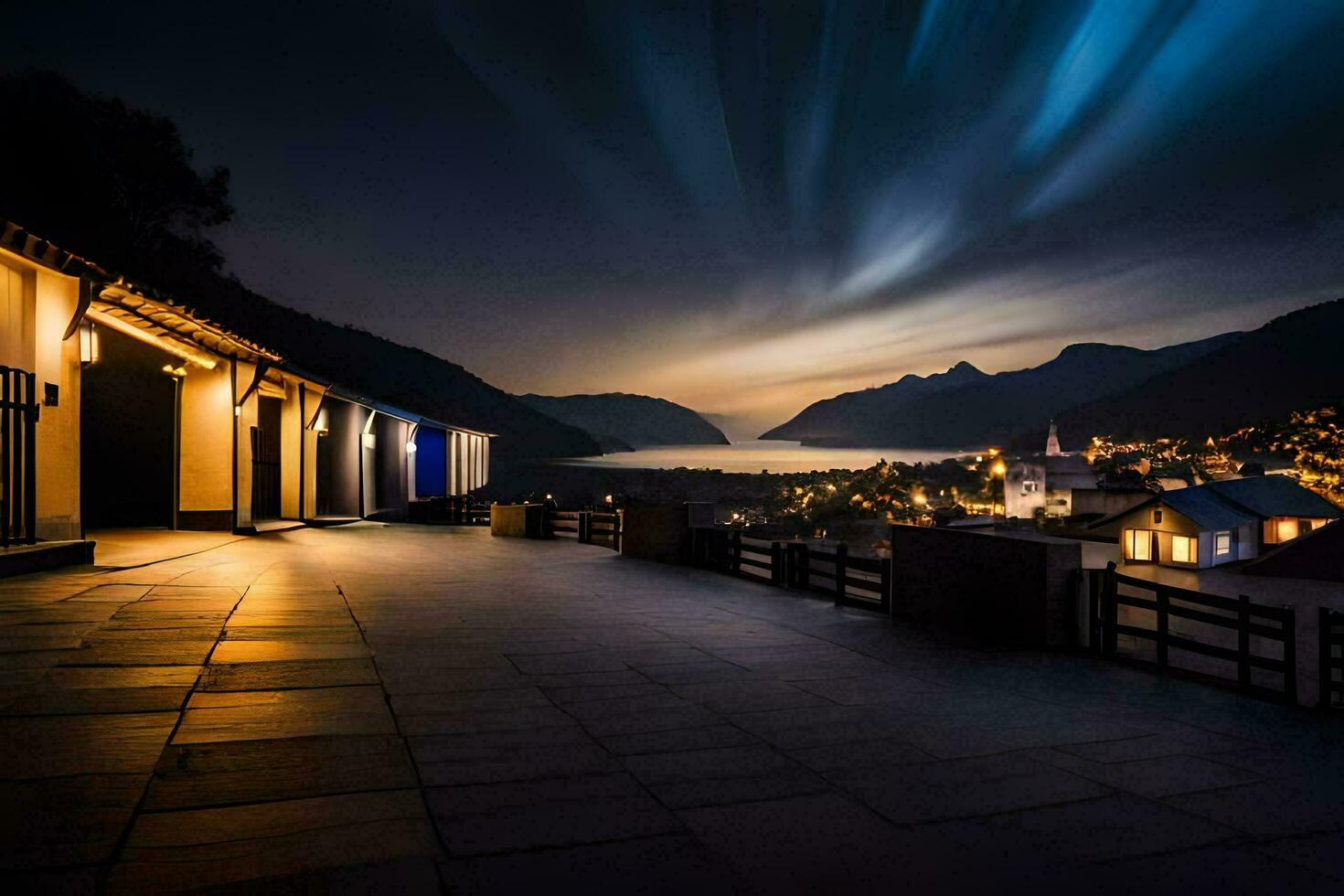 een nacht lucht over- een stad- en bergen. ai-gegenereerd foto