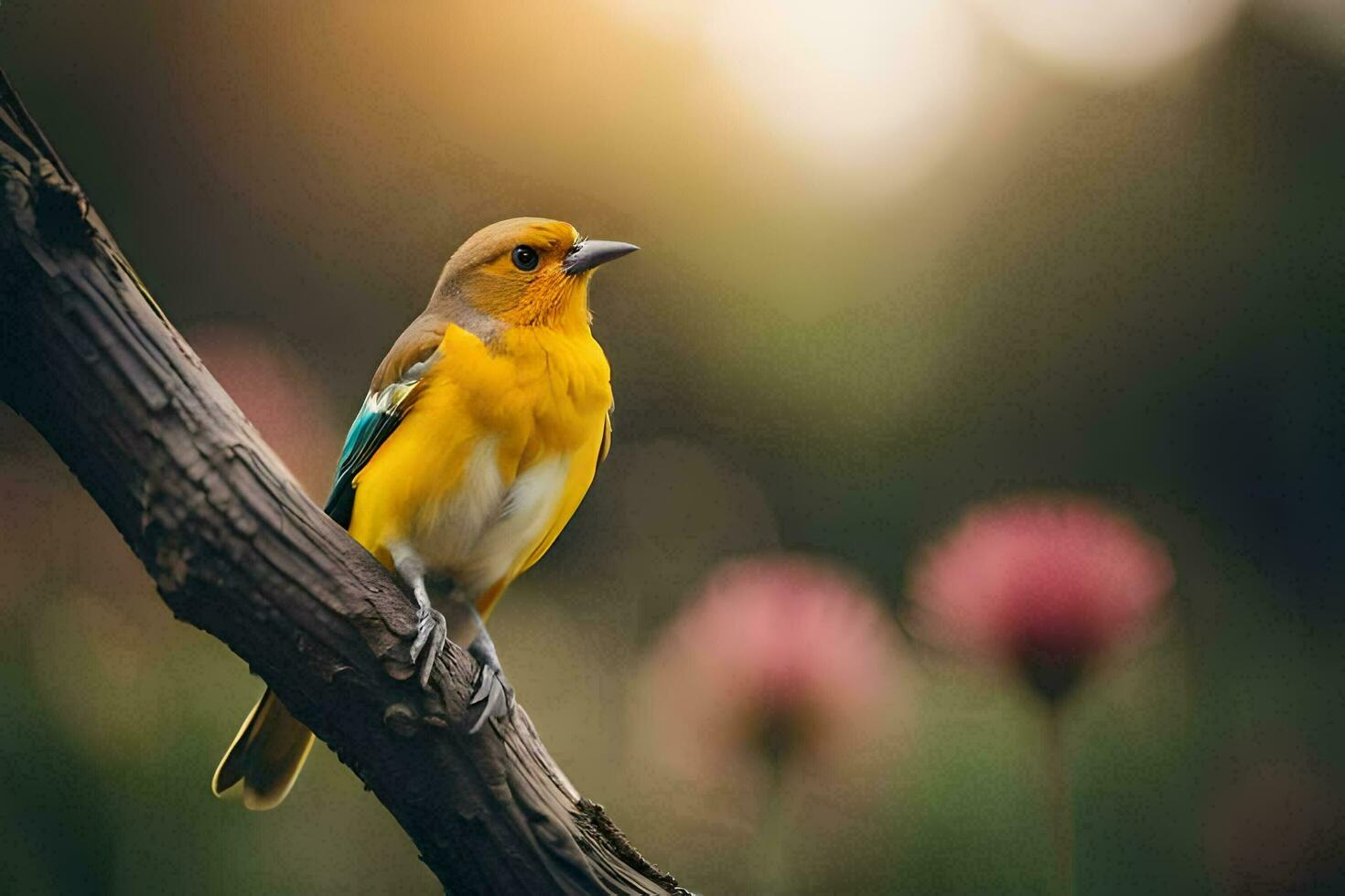 een geel vogel zittend Aan een Afdeling in de zon. ai-gegenereerd foto