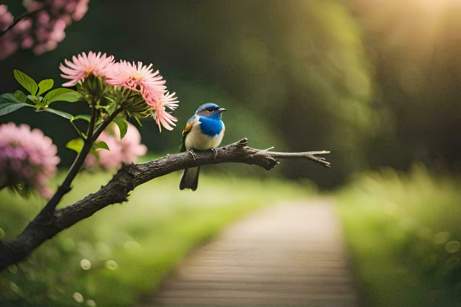 een blauw vogel neergestreken Aan een Afdeling in voorkant van roze bloemen. ai-gegenereerd foto