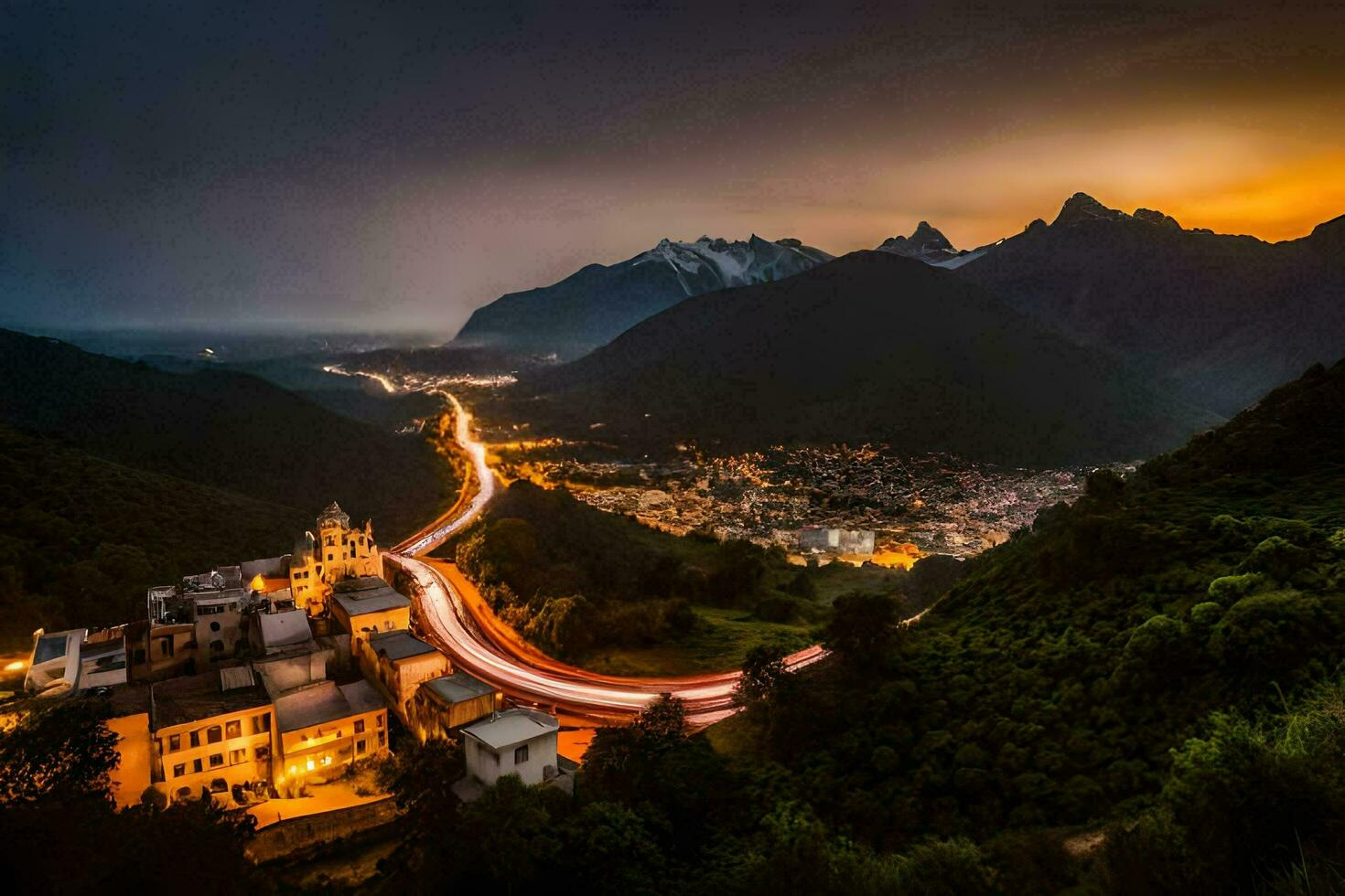 een stad en bergen Bij nacht. ai-gegenereerd foto