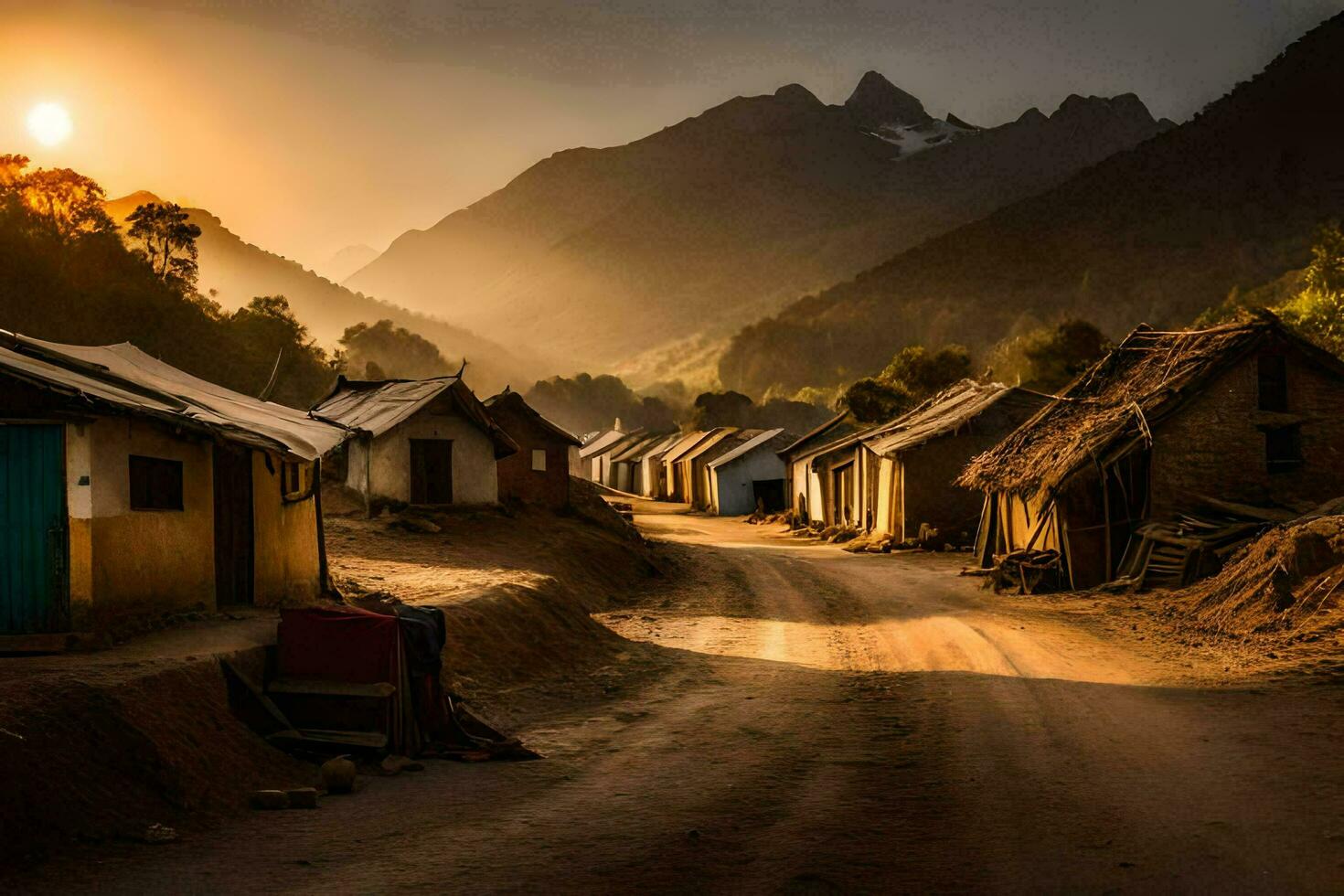 een aarde weg in voorkant van een dorp met hutten. ai-gegenereerd foto