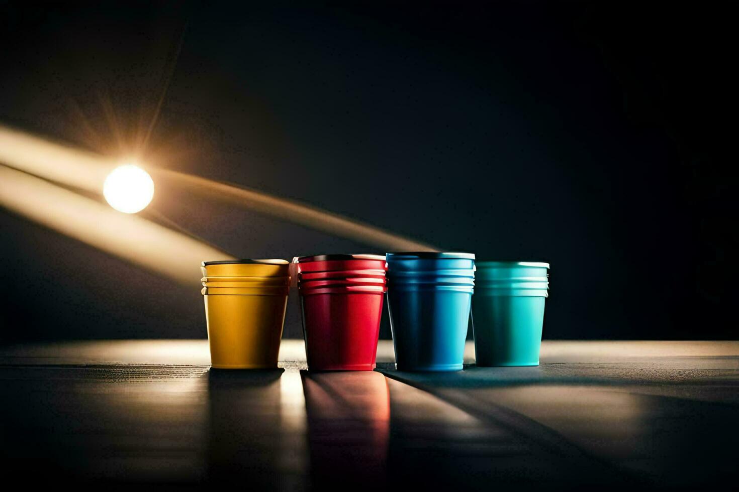 vier kleurrijk plastic cups Aan een tafel. ai-gegenereerd foto