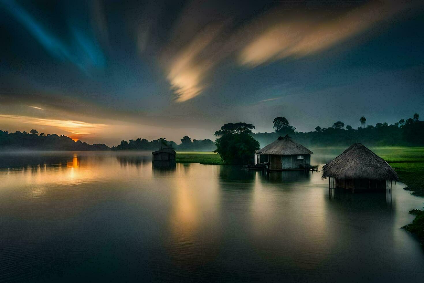 de zonsopkomst over- de rivier. ai-gegenereerd foto