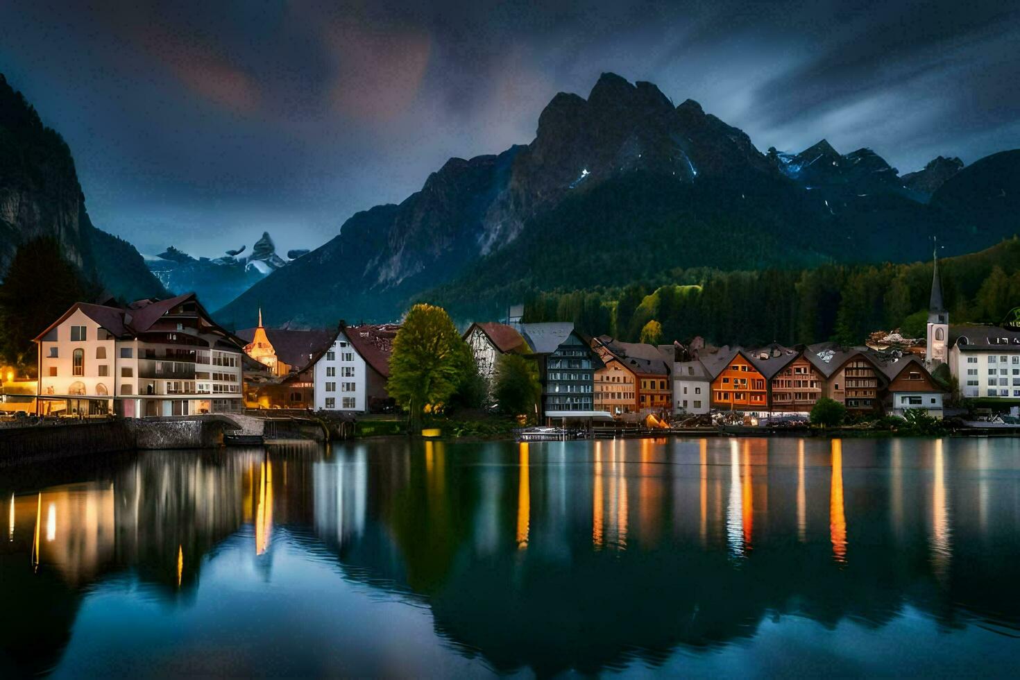 foto behang de lucht, bergen, meer, dorp, lichten, de nacht, de bergen,. ai-gegenereerd