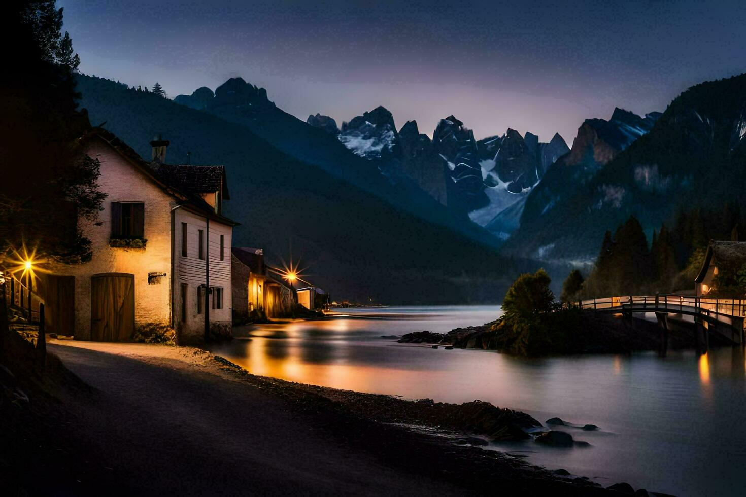 foto behang de lucht, bergen, meer, huis, de nacht, de bergen, de meer. ai-gegenereerd