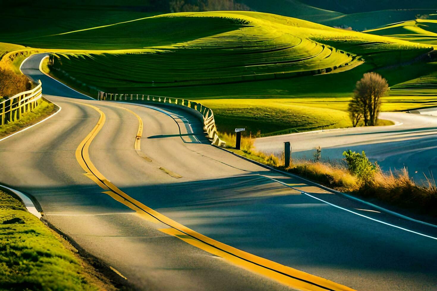 een kronkelend weg in de midden- van een groen veld. ai-gegenereerd foto