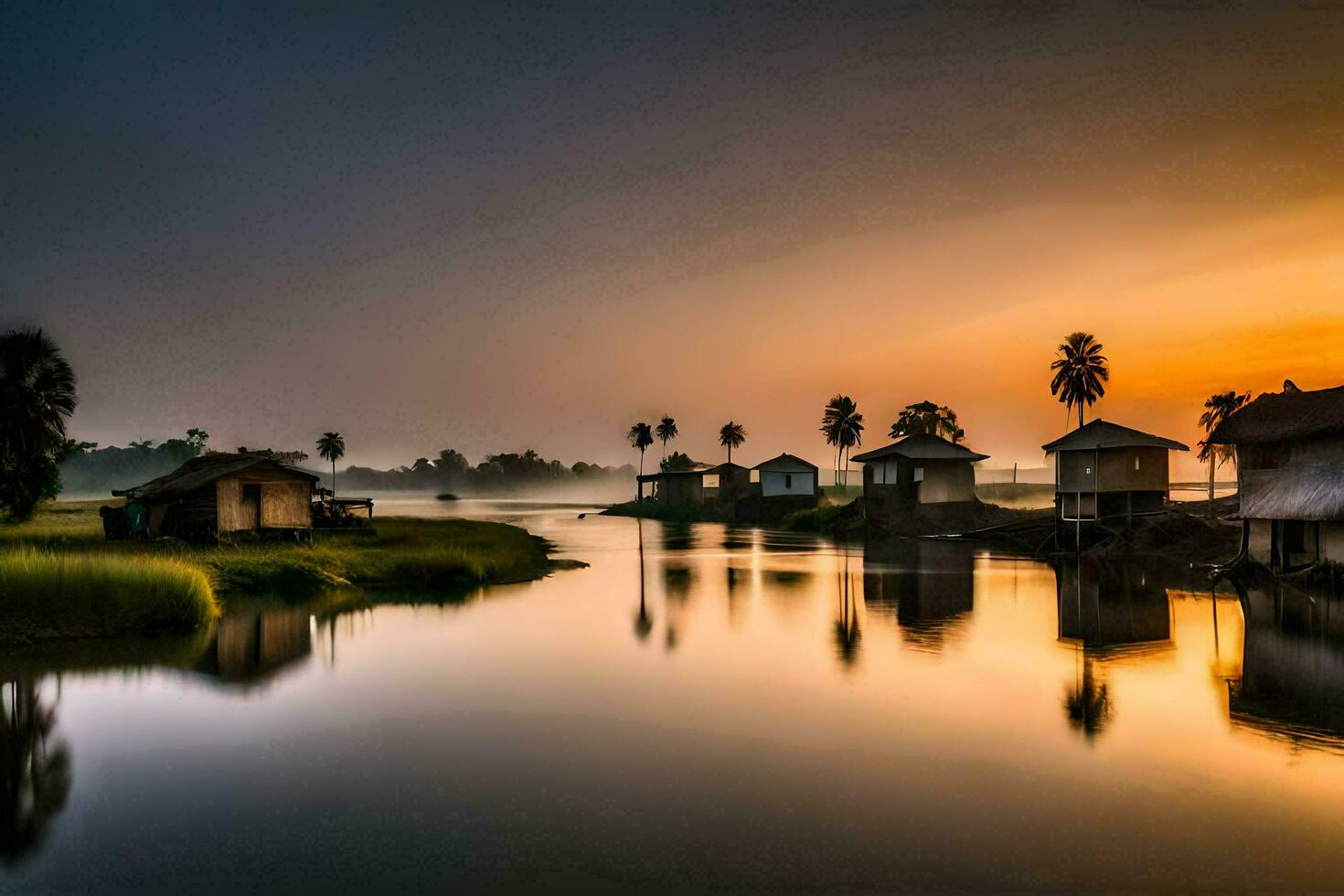 een rivier- met huizen en palm bomen Bij zonsondergang. ai-gegenereerd foto