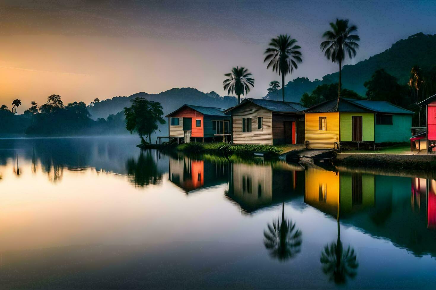 kleurrijk huizen Aan de water Bij zonsopkomst. ai-gegenereerd foto