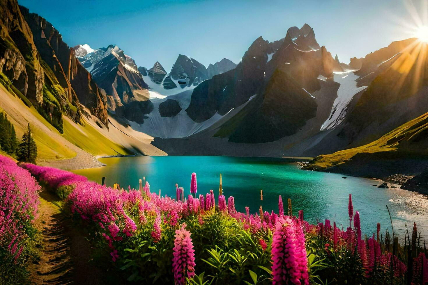 mooi landschap met bloemen en bergen. ai-gegenereerd foto