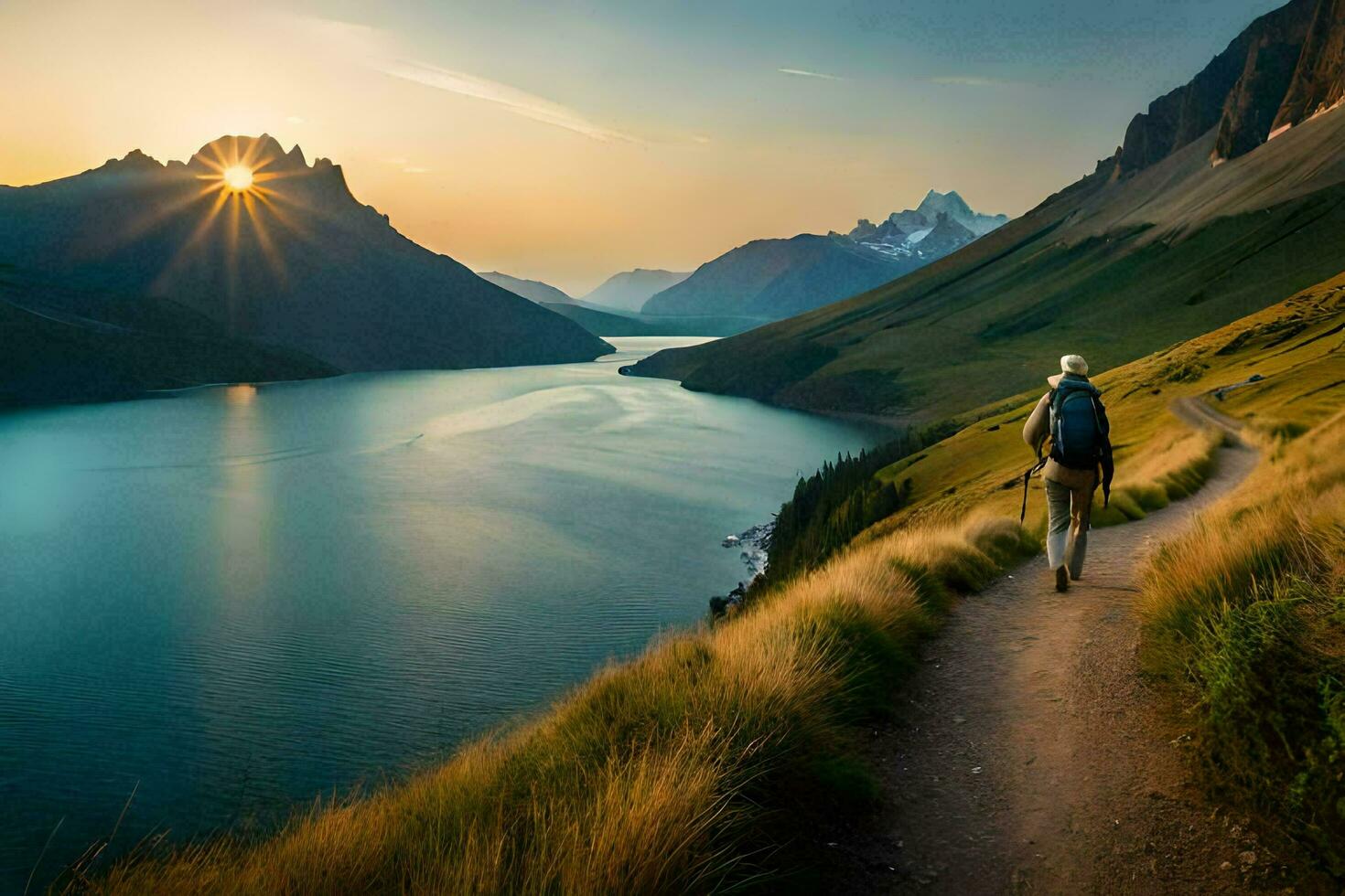 een Mens wandelingen langs een pad in de bergen Bij zonsondergang. ai-gegenereerd foto