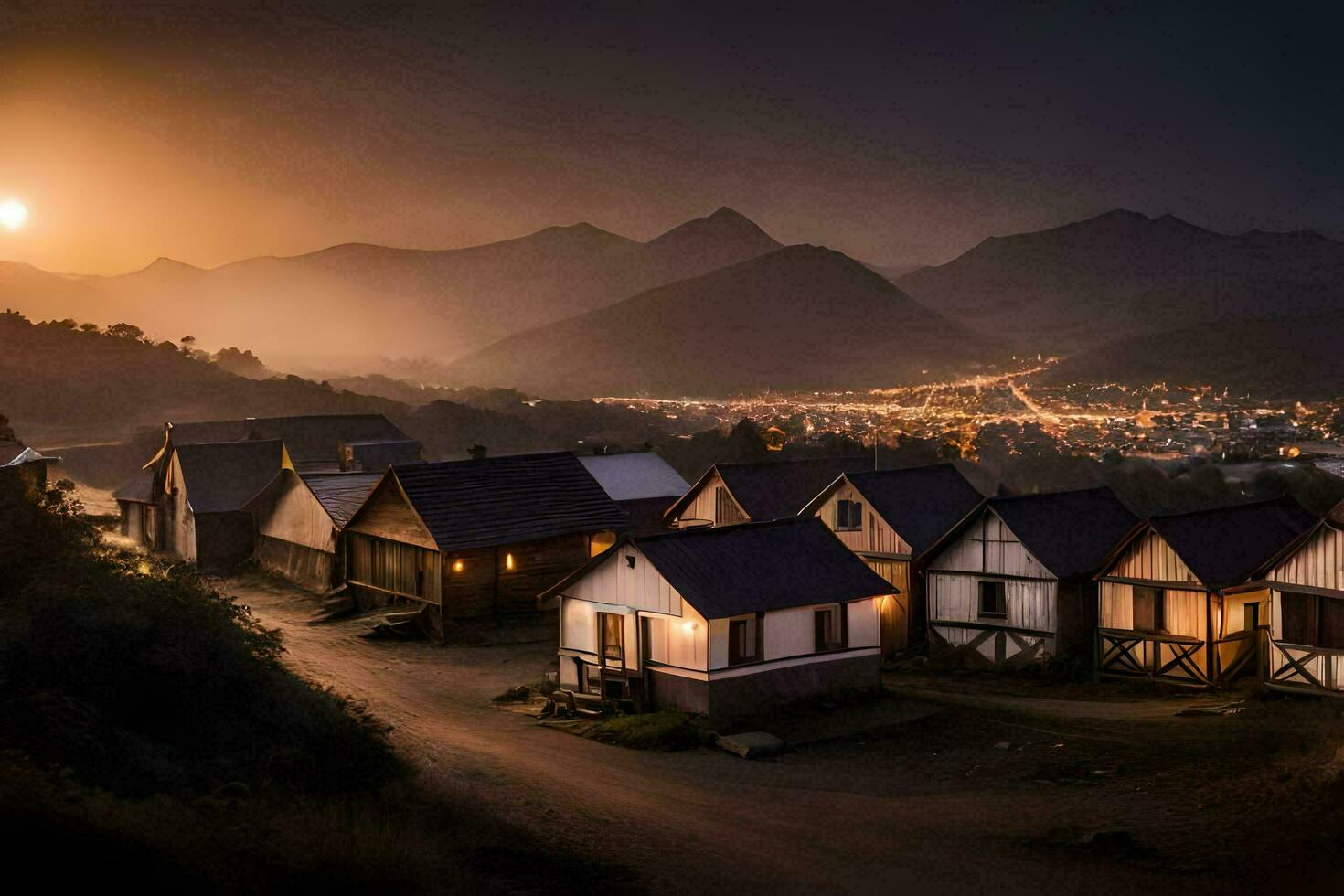 een dorp Bij nacht met een vol maan. ai-gegenereerd foto