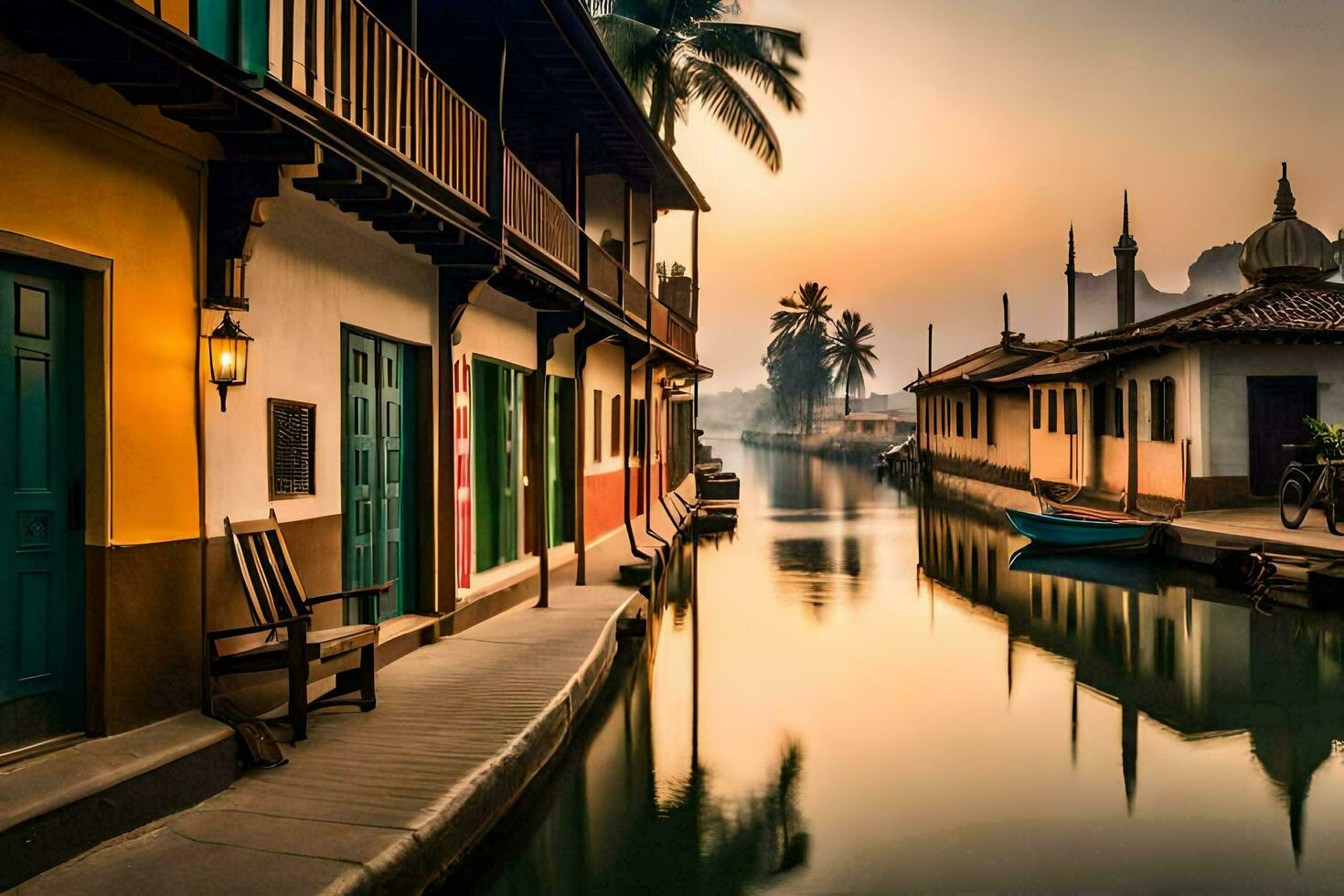 een kanaal in voorkant van kleurrijk gebouwen Bij zonsondergang. ai-gegenereerd foto