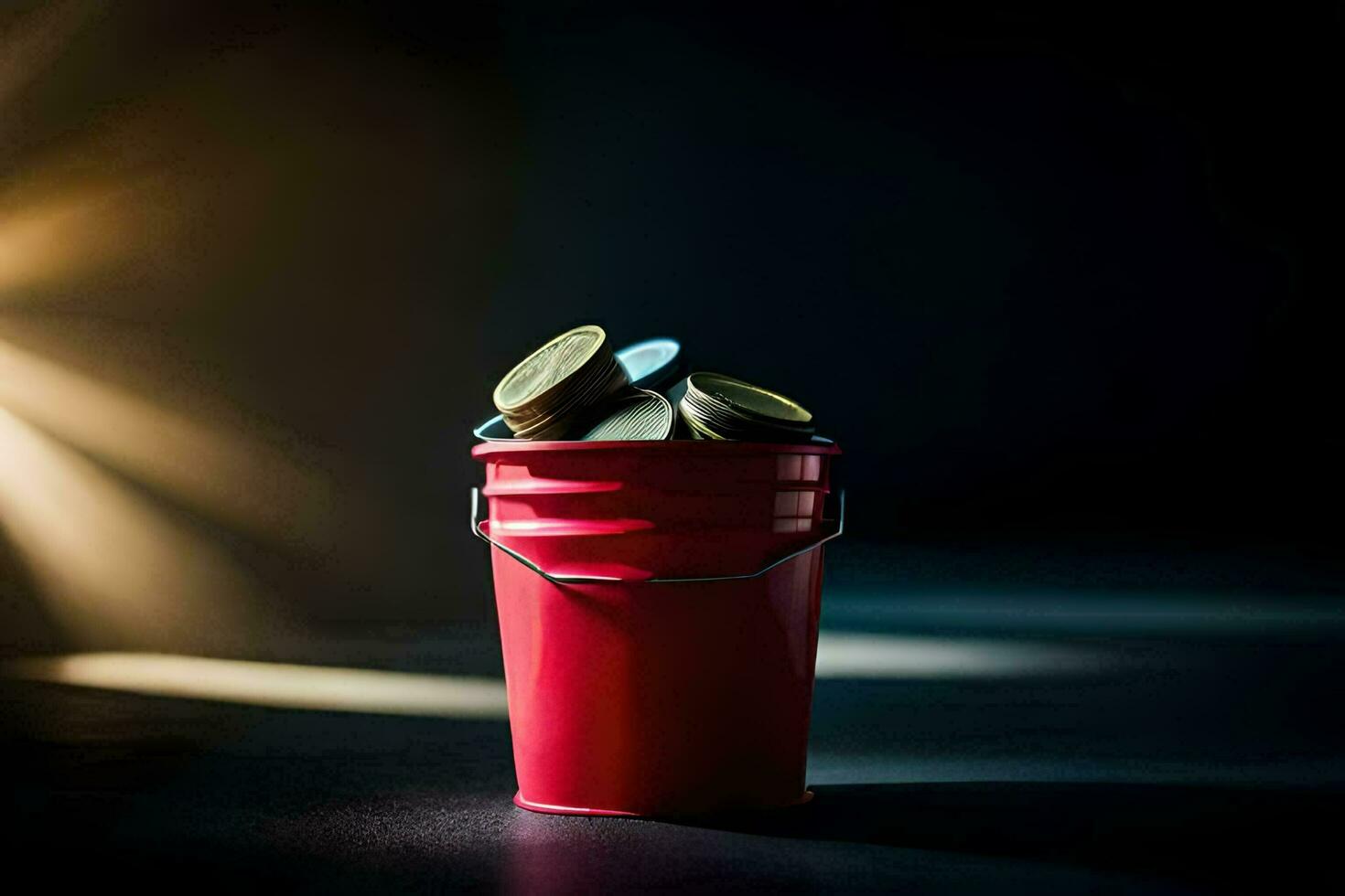 een rood emmer met munten zittend Aan top van het. ai-gegenereerd foto