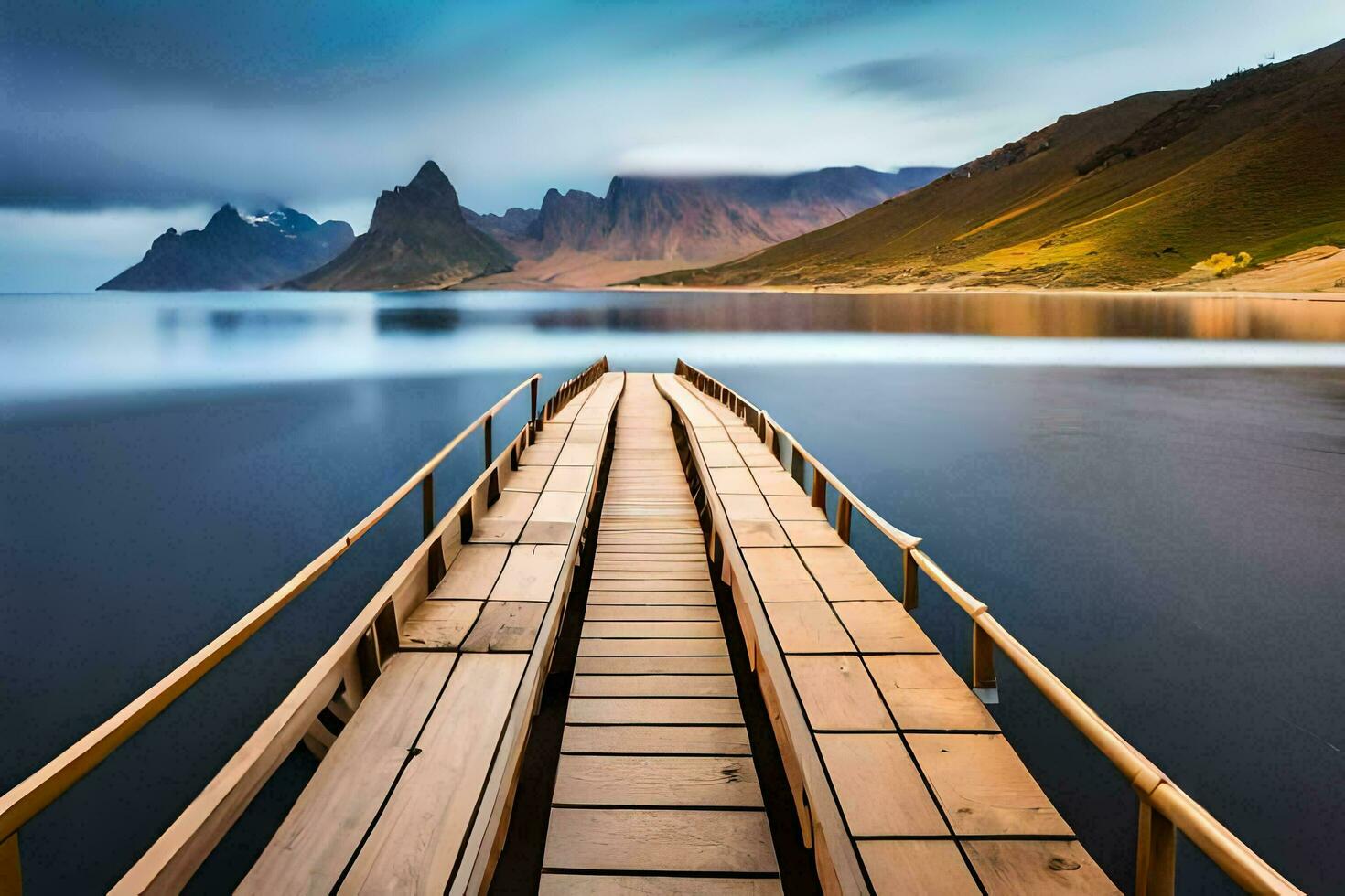 een houten pier strekt zich uit uit in de oceaan. ai-gegenereerd foto