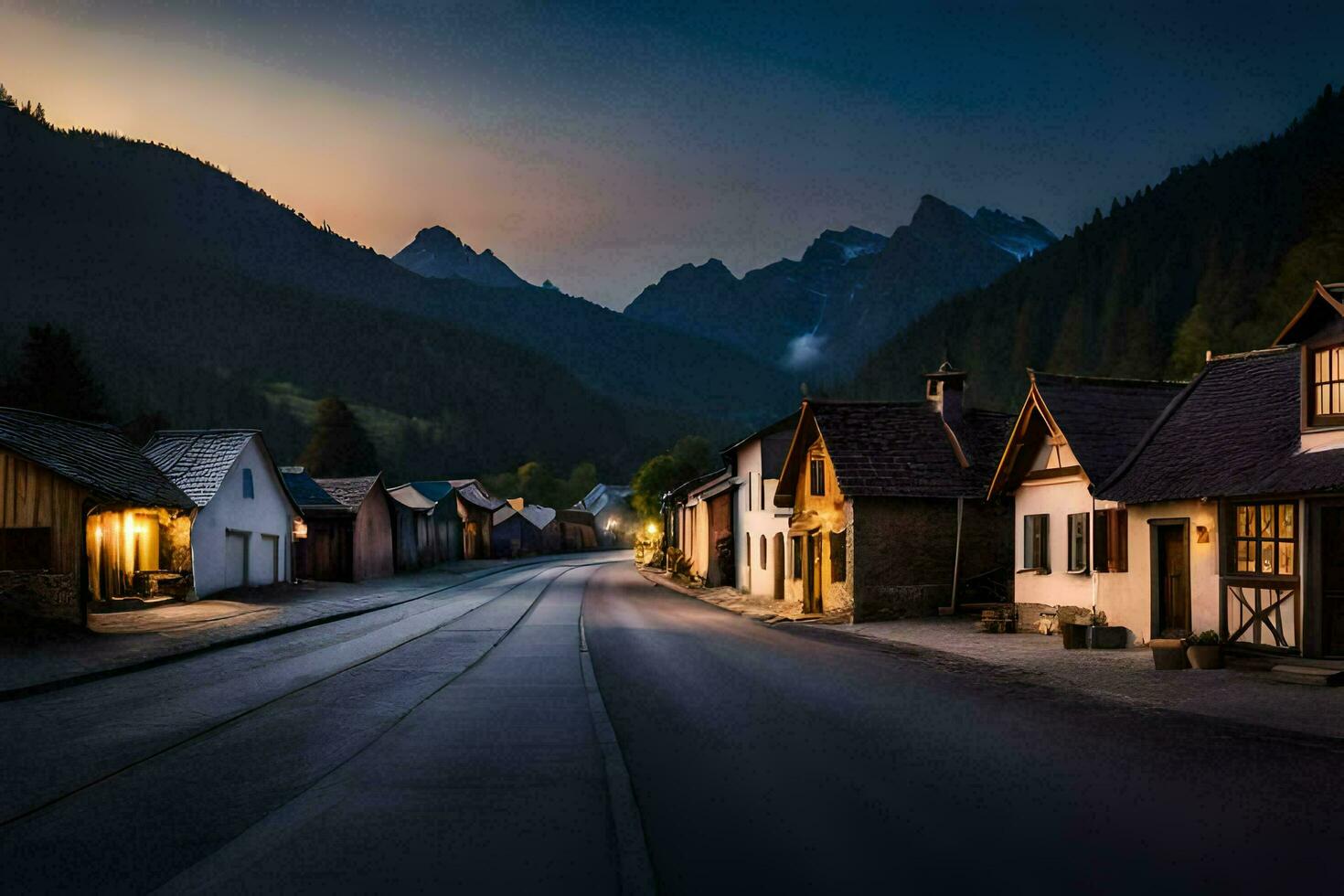 een straat in de bergen Bij schemering. ai-gegenereerd foto