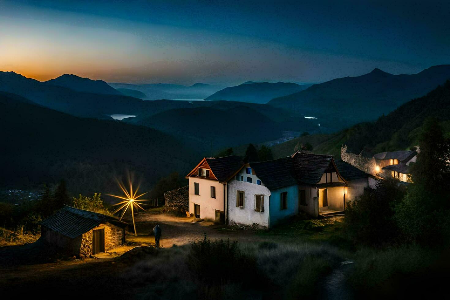 een klein huis in de bergen Bij schemering. ai-gegenereerd foto