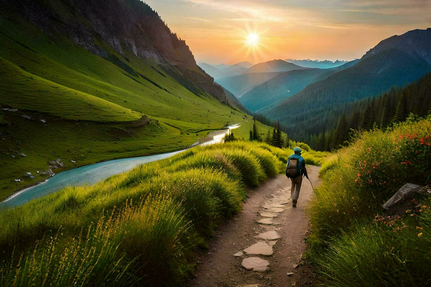 een Mens wandelingen Aan een pad in de bergen. ai-gegenereerd foto