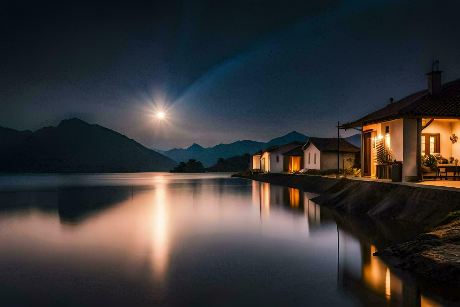 foto behang de lucht, meer, maan, huis, maanlicht, de maan, meer,. ai-gegenereerd