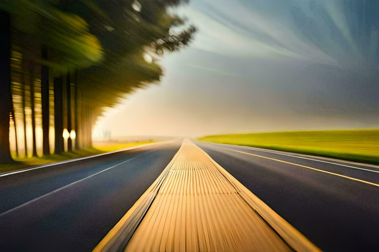 een wazig beeld van een weg met bomen en gras. ai-gegenereerd foto