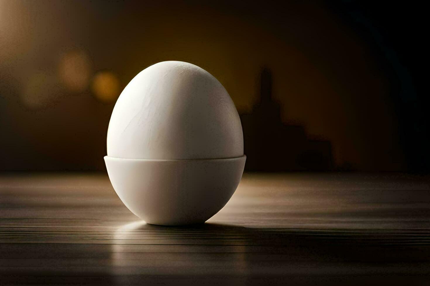 een ei zittend Aan een tafel in voorkant van een stad. ai-gegenereerd foto