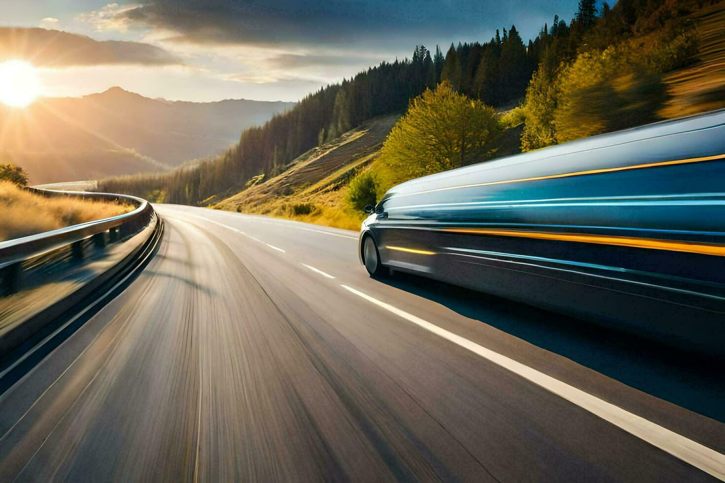 een bus het rijden Aan een snelweg Bij zonsondergang. ai-gegenereerd foto