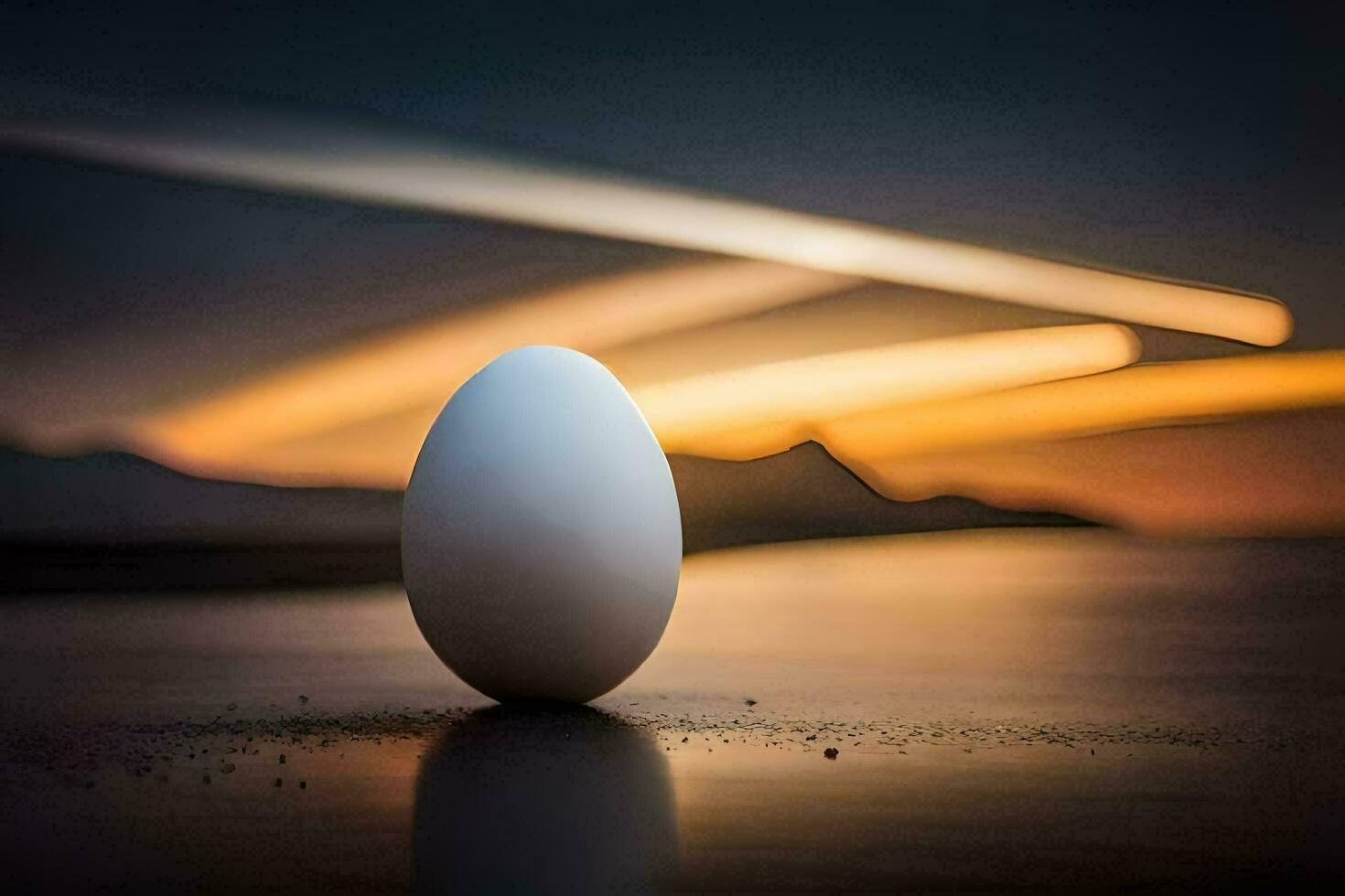 een ei zittend Aan de strand Bij zonsondergang. ai-gegenereerd foto