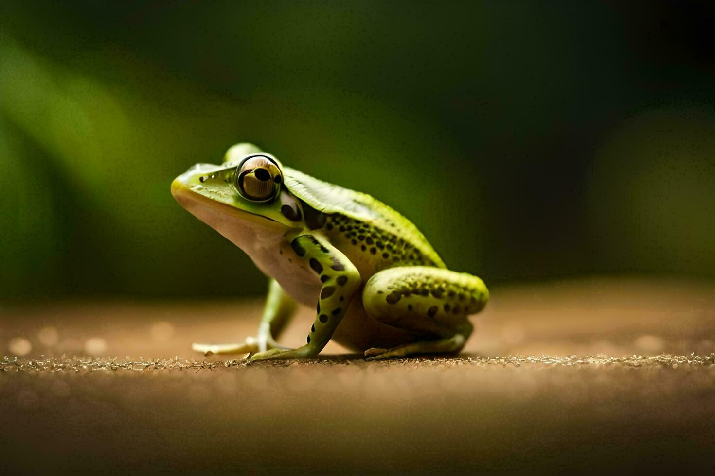 een kikker is zittend Aan de grond met een groen achtergrond. ai-gegenereerd foto