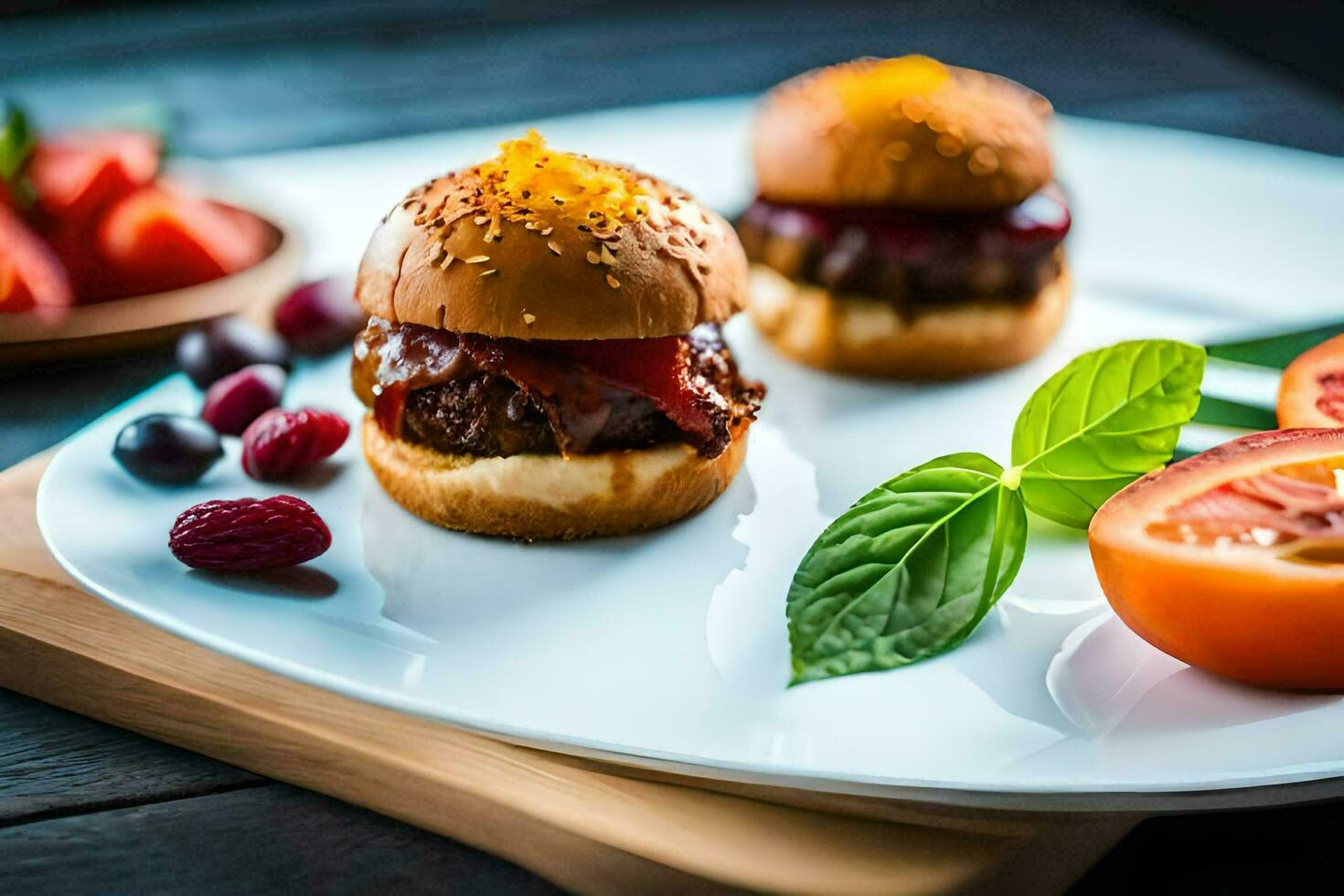 klein hamburgers Aan een bord met fruit en groenten. ai-gegenereerd foto