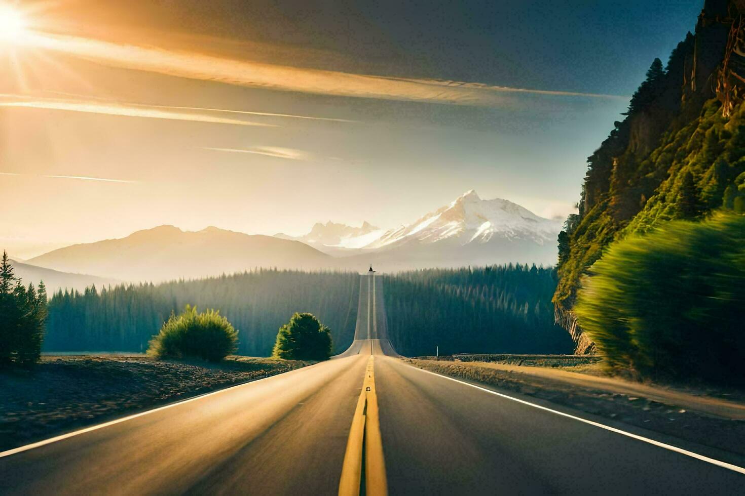 een weg in de bergen met de zon schijnt. ai-gegenereerd foto