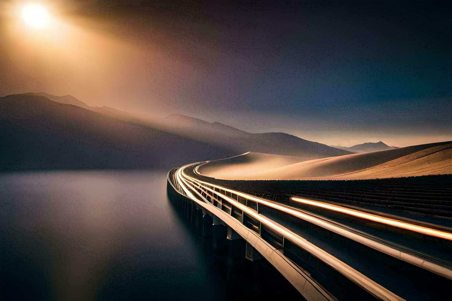 een lang blootstelling foto van een brug over- water. ai-gegenereerd