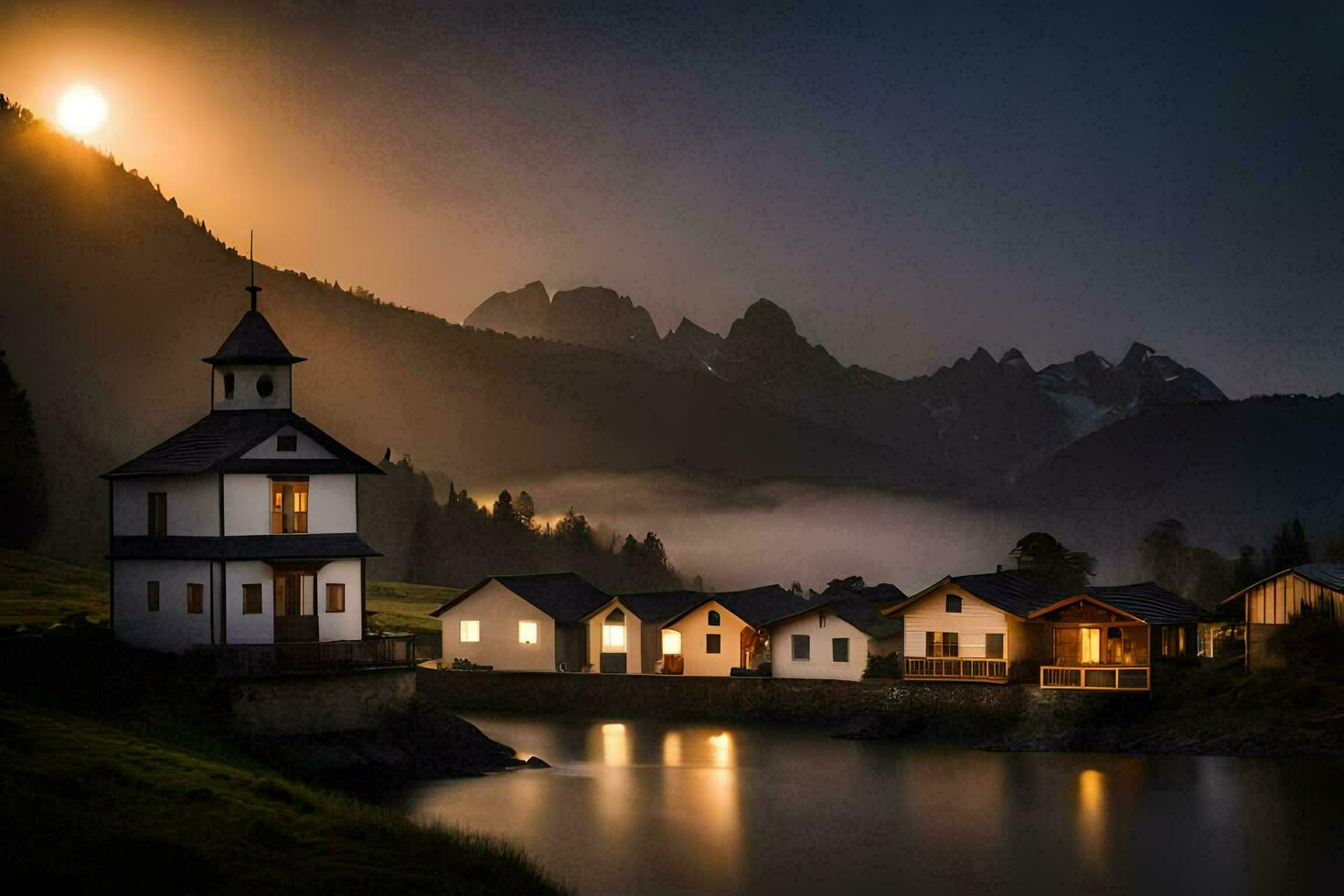 foto behang de maan, bergen, meer, huis, de maan, de bergen, de meer. ai-gegenereerd