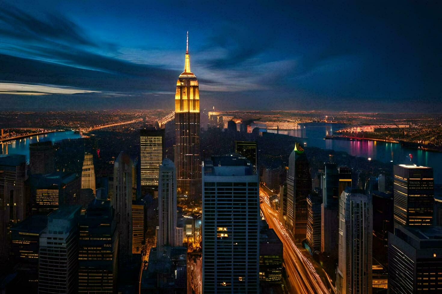 de rijk staat gebouw is lit omhoog Bij nacht in nieuw york stad. ai-gegenereerd foto