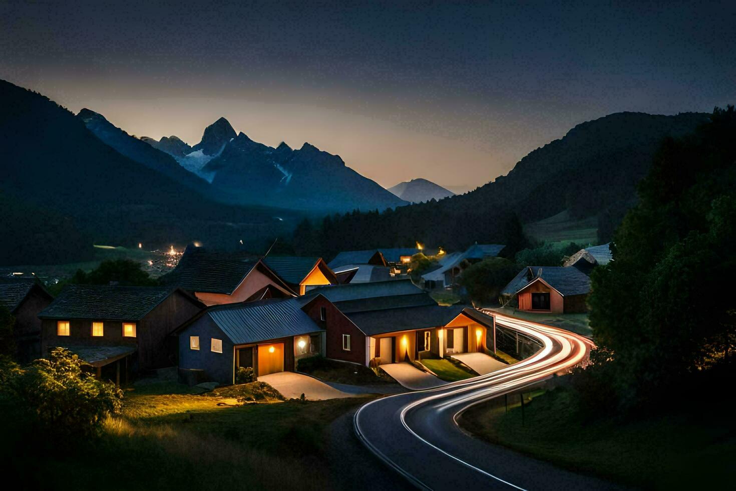 een weg in de bergen Bij nacht met lichten Aan de huizen. ai-gegenereerd foto