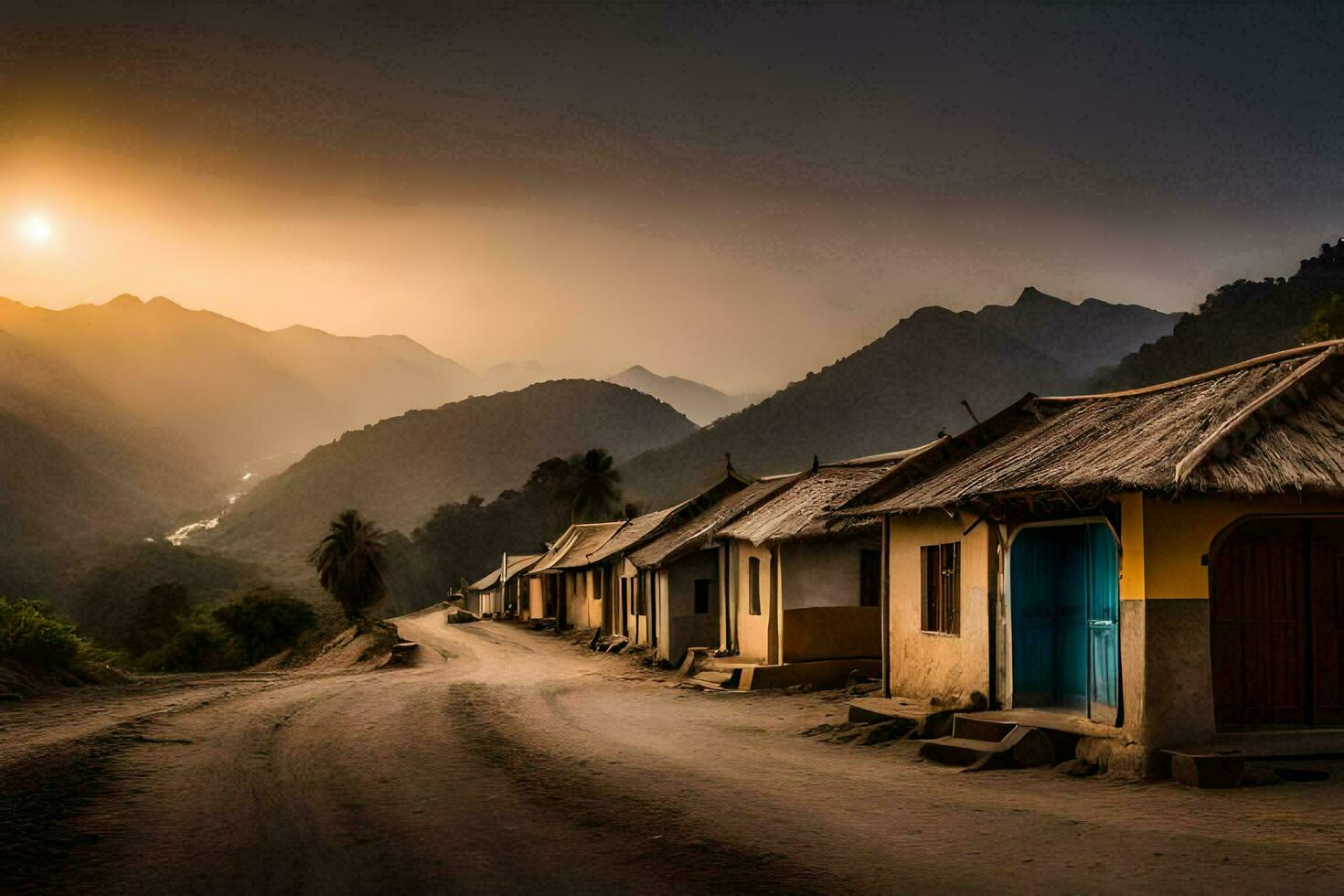 een weg leidend naar een dorp in de bergen. ai-gegenereerd foto