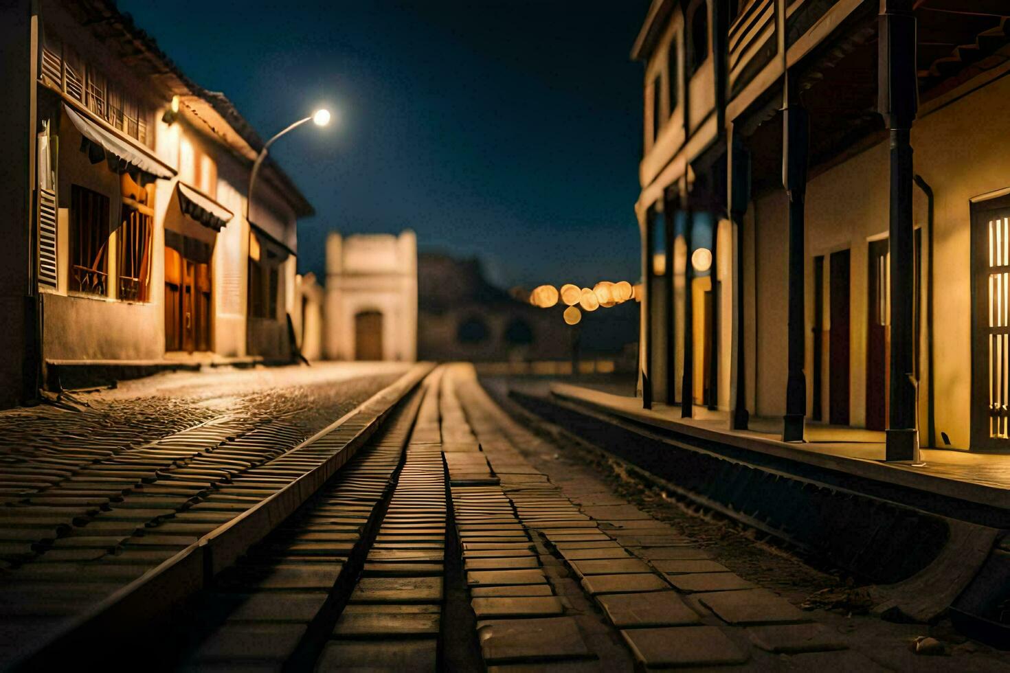 een straat Bij nacht met een trein spoor. ai-gegenereerd foto