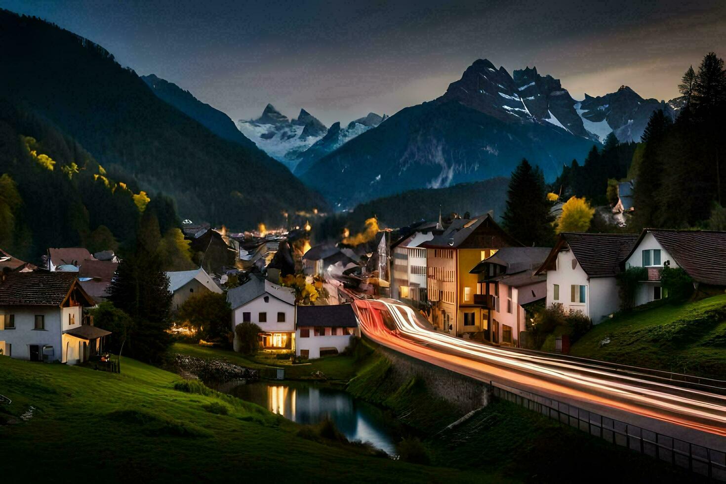 foto behang de lucht, bergen, bomen, weg, dorp, nacht, de Alpen,. ai-gegenereerd