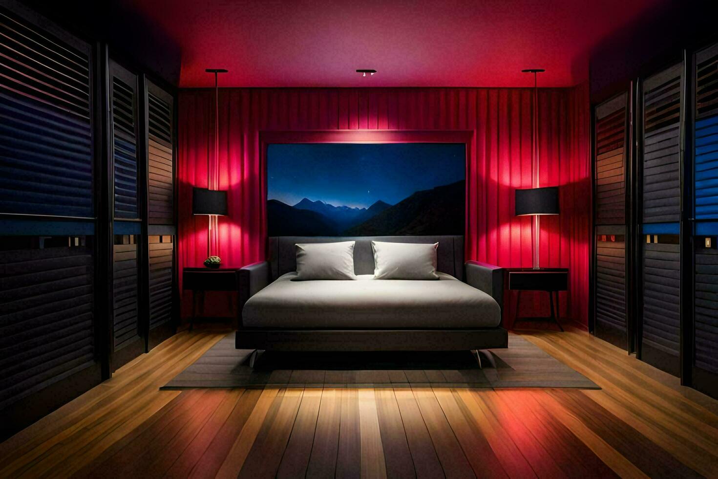 een slaapkamer met rood muren en een bed. ai-gegenereerd foto