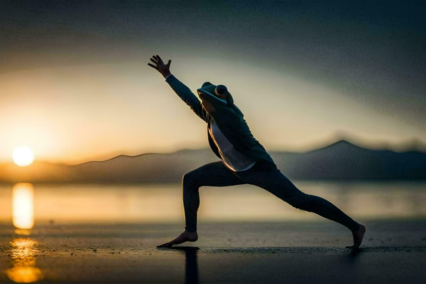 een persoon aan het doen yoga Aan de strand Bij zonsondergang. ai-gegenereerd foto