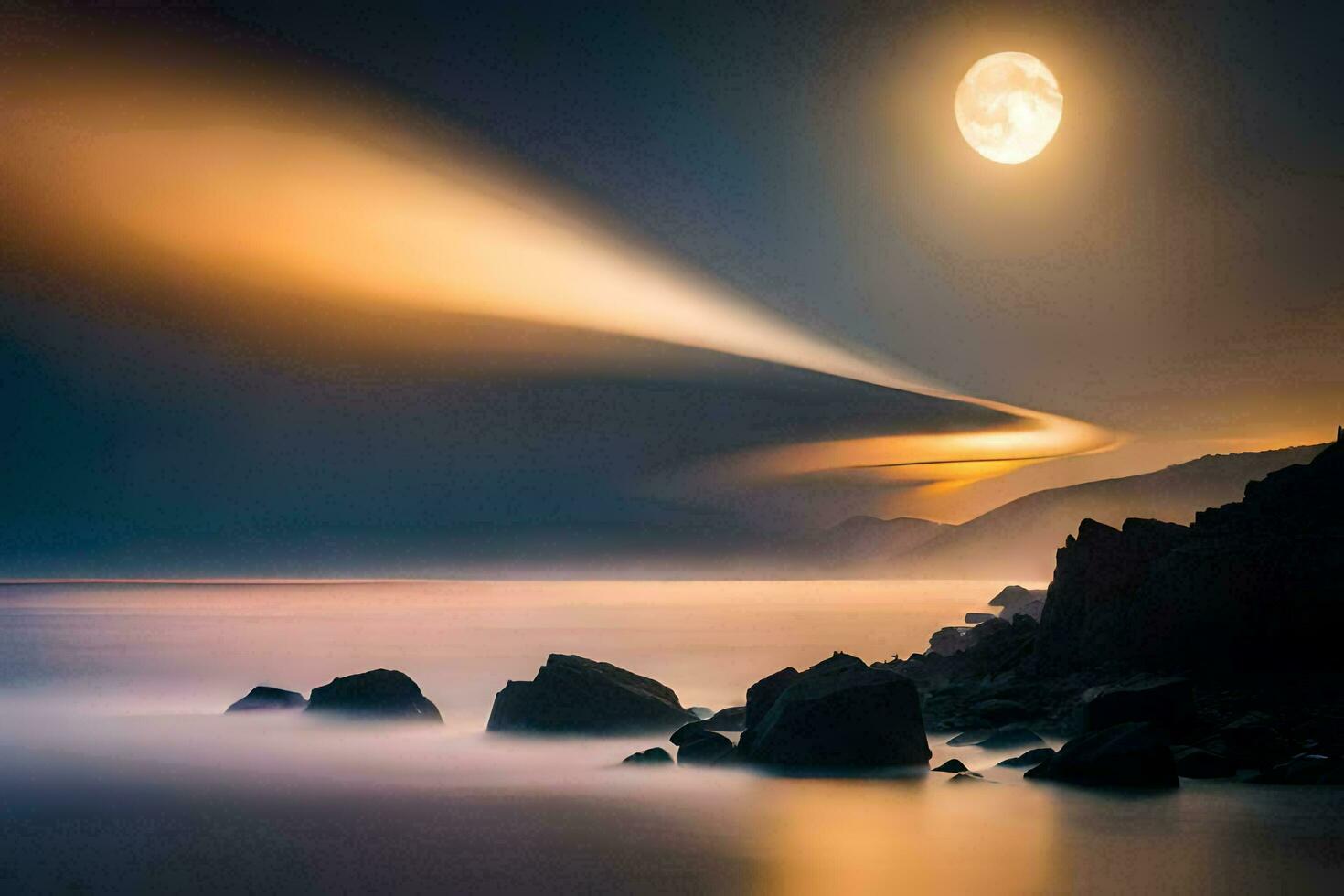 een vol maan is gezien over- de oceaan met rotsen en rotsen. ai-gegenereerd foto