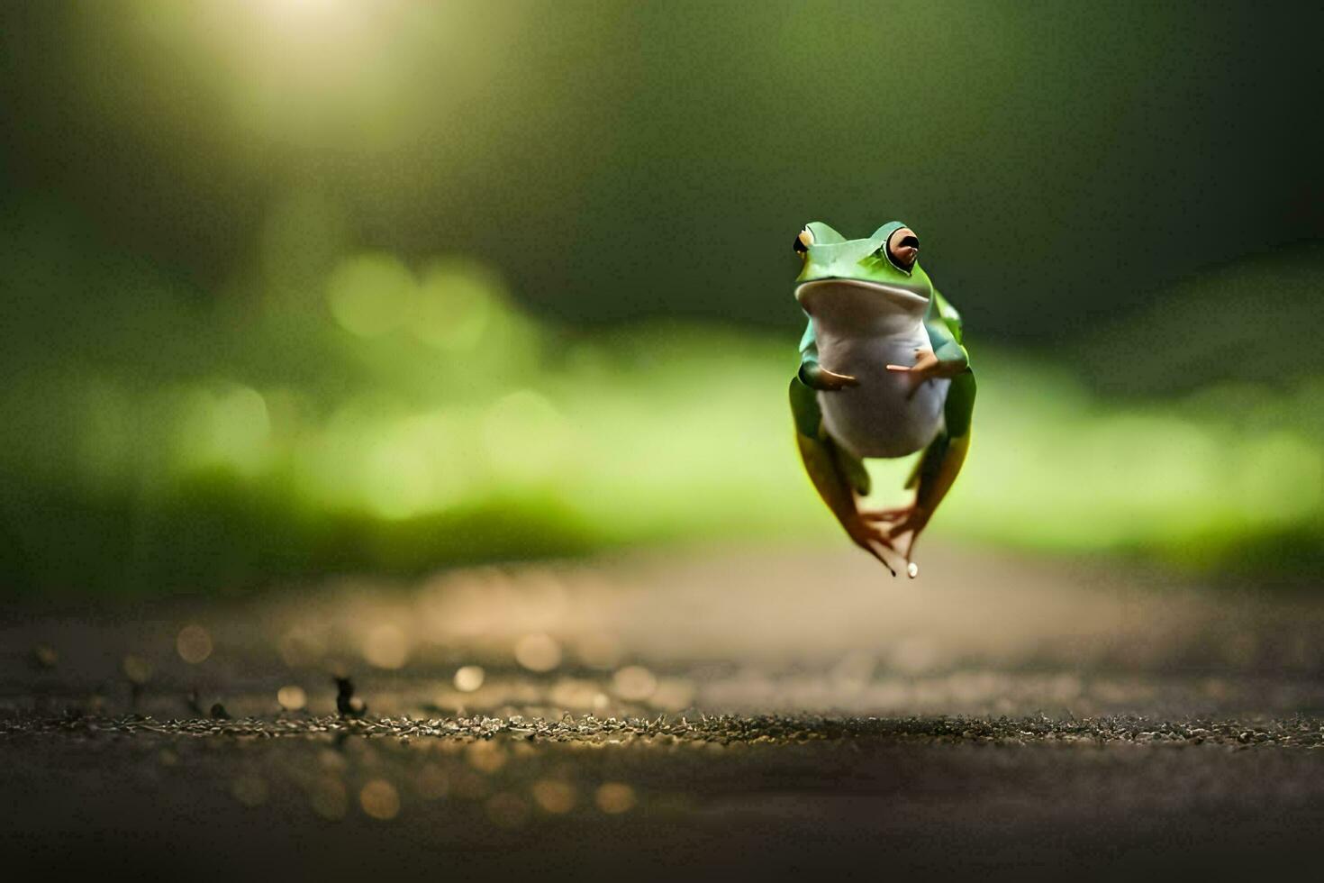 een kikker jumping Aan de weg. ai-gegenereerd foto
