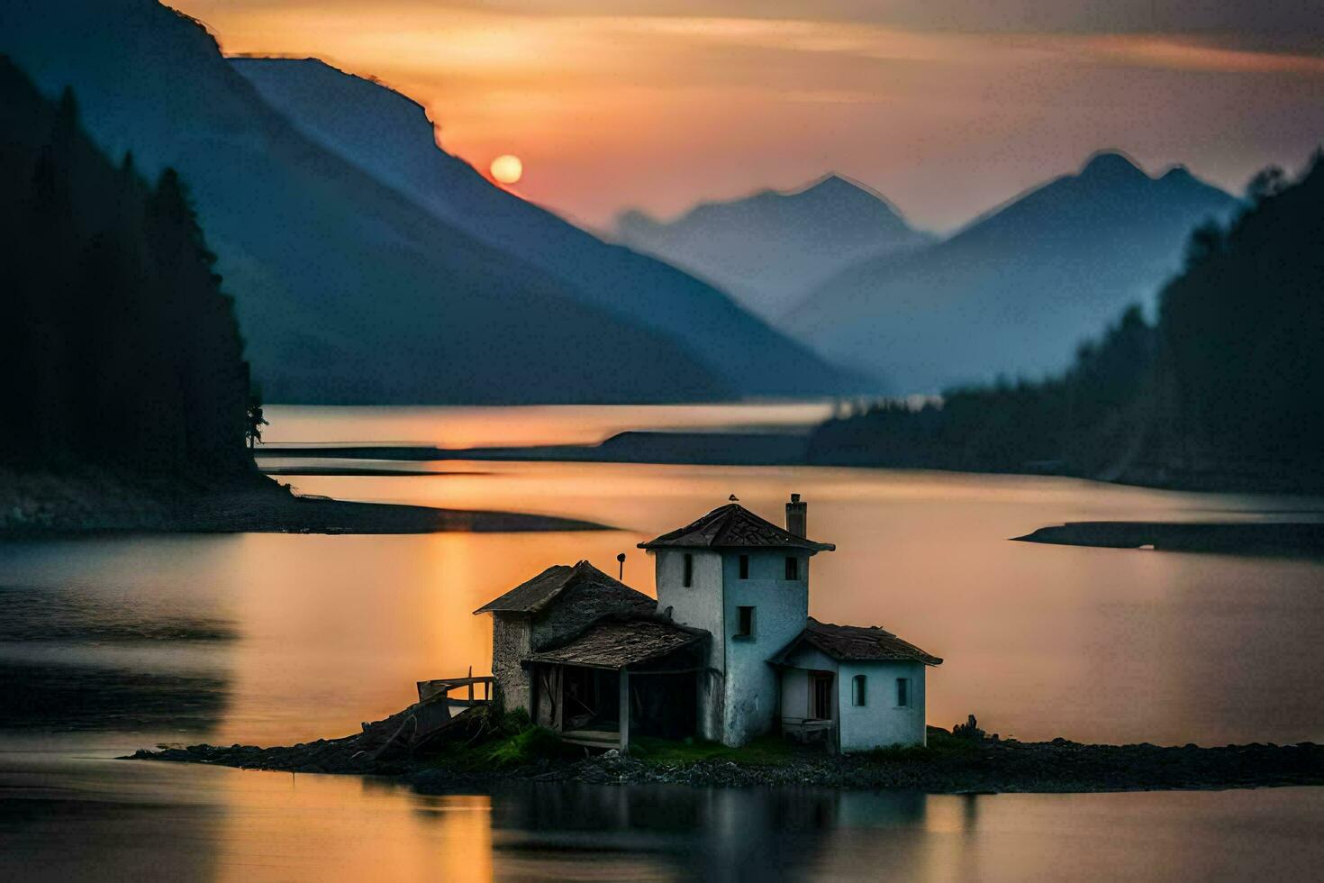 een klein huis zit Aan een eiland in de midden- van een meer. ai-gegenereerd foto