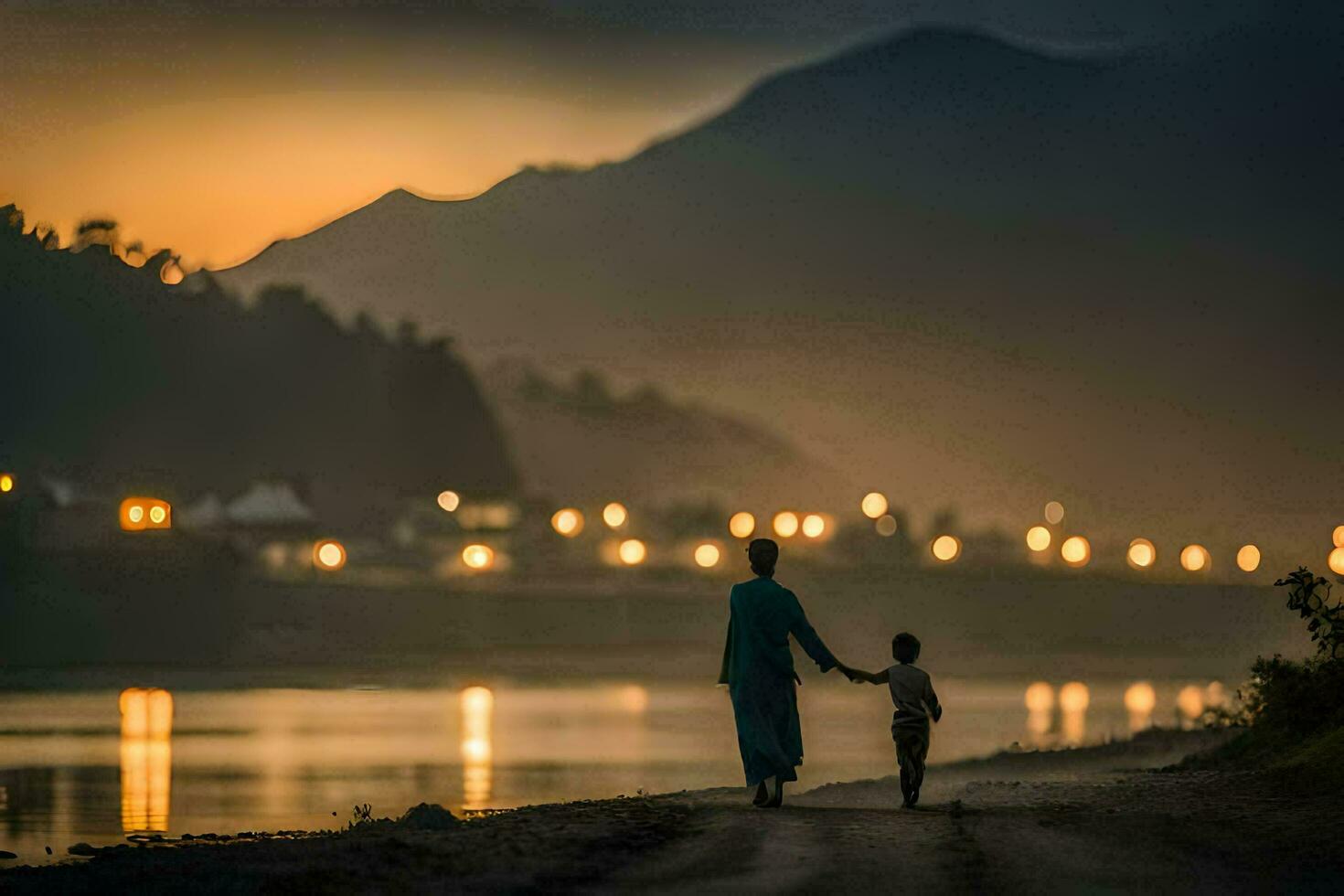 een Mens en een kind wandelen langs de kust Bij schemering. ai-gegenereerd foto