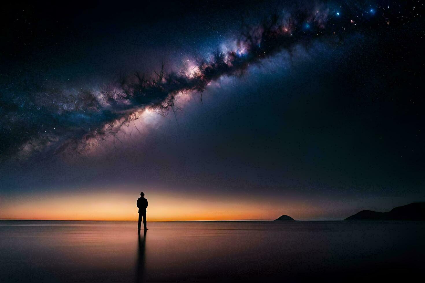 een Mens staand Aan de strand op zoek Bij de melkachtig. ai-gegenereerd foto