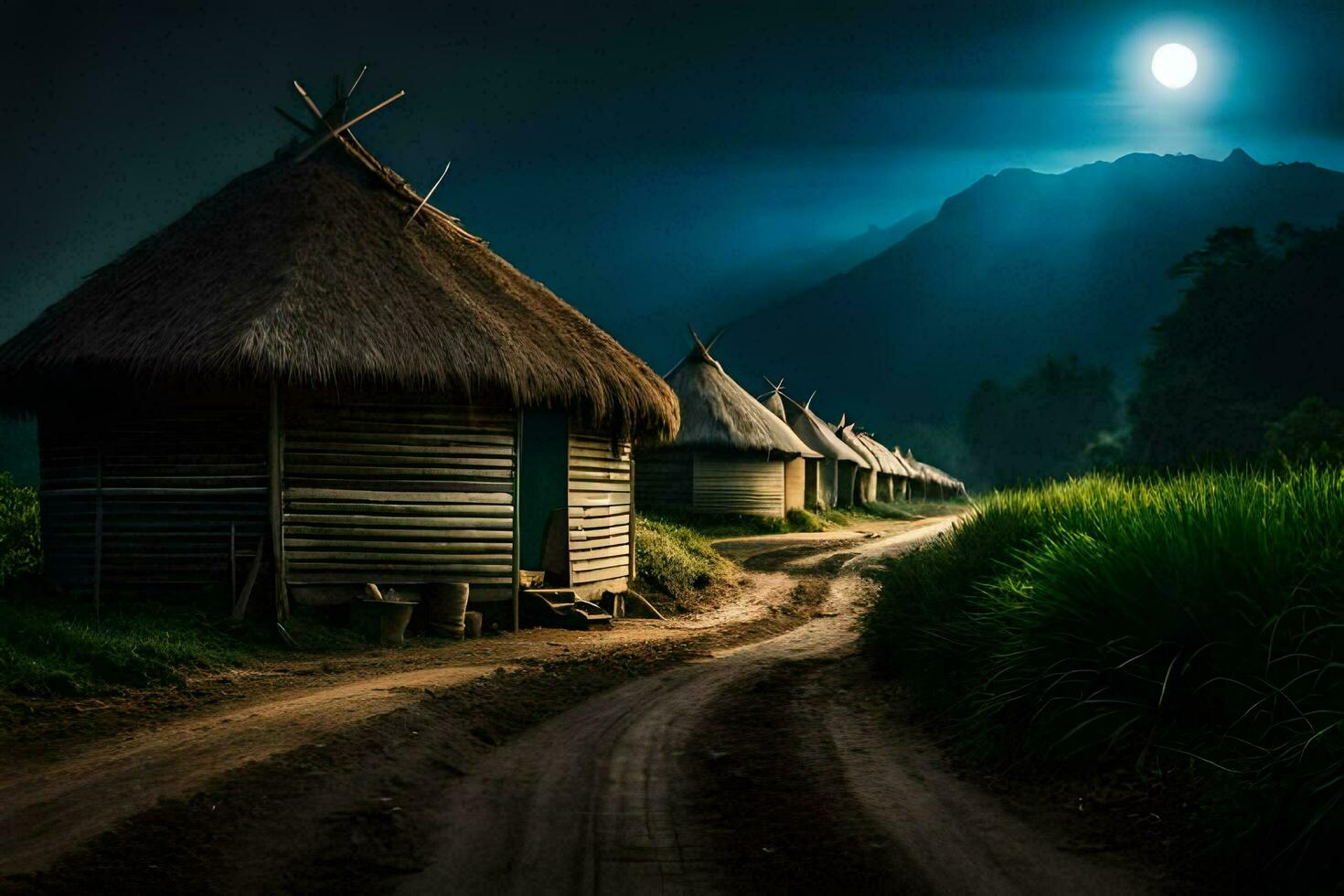 een aarde weg met rieten hutten en een vol maan. ai-gegenereerd foto