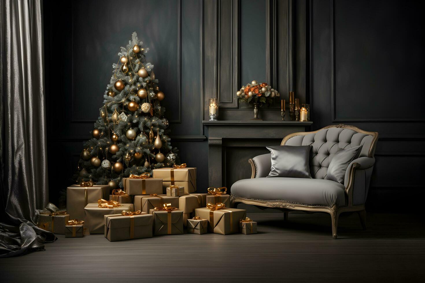 mooi Kerstmis boom met decoratie in knus kamer interieur met haard, kaarsen en geschenk dozen. ai gegenereerd foto