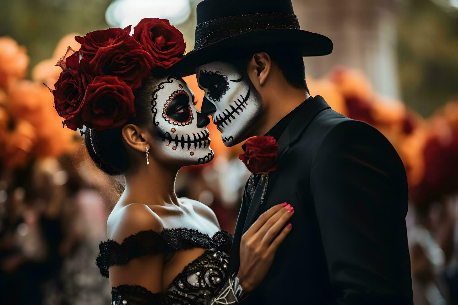 mooi detailopname portret van jong paar in traditioneel calavera Catrina kleding en bedenken voor de dag van de dood, dansen Bij de nationaal Mexicaans festival. ai gegenereerd foto