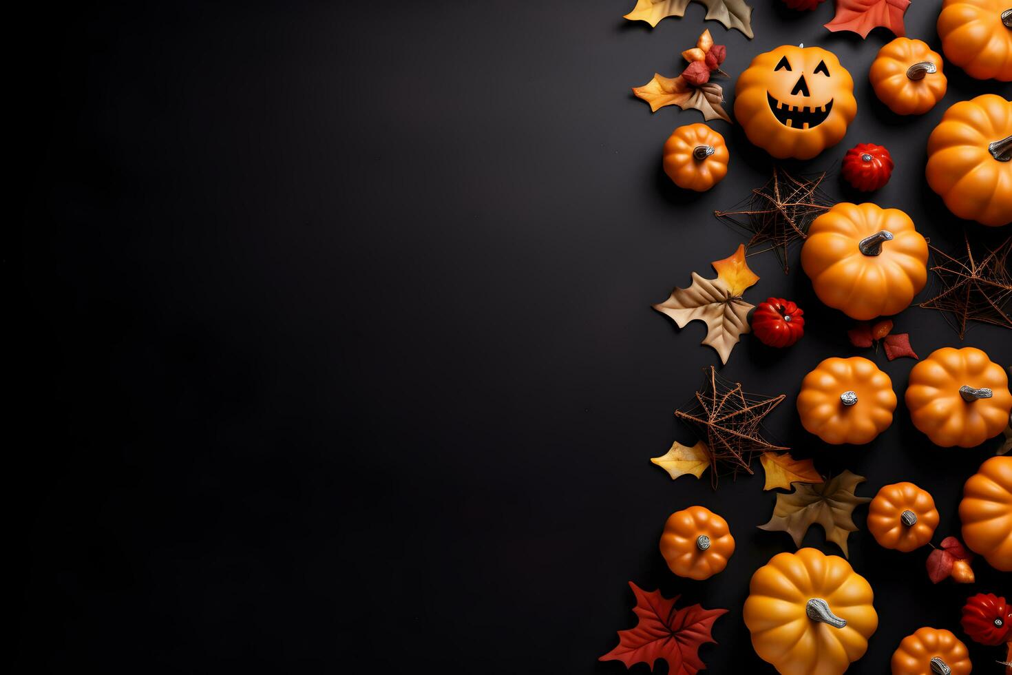 gelukkig halloween vlak leggen mockup met pompoenen, bladeren en spin web Aan zwart achtergrond. herfst vakantie concept samenstelling. top visie met kopiëren ruimte. gegenereerd ai. foto