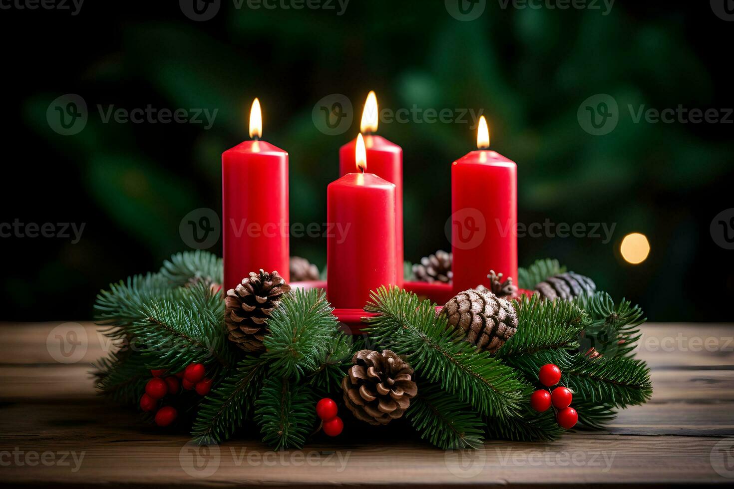 vier rood brandend kaarsen voor Duitse komst seizoen. Kerstmis krans decoratie Aan houten achtergrond. foto