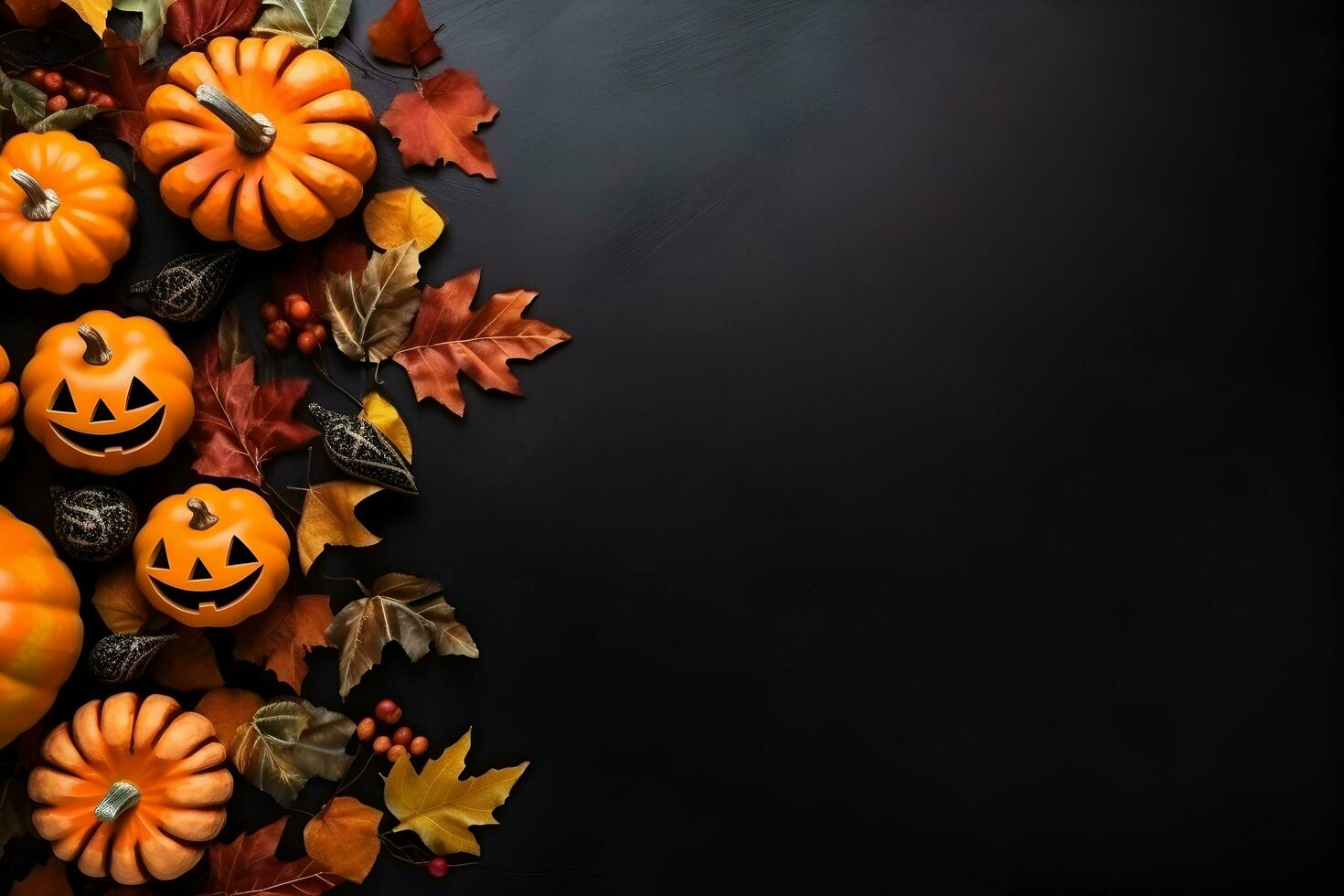 gelukkig halloween vlak leggen mockup met pompoenen en bladeren Aan zwart achtergrond. herfst vakantie concept samenstelling. top visie met kopiëren ruimte. gegenereerd ai. foto