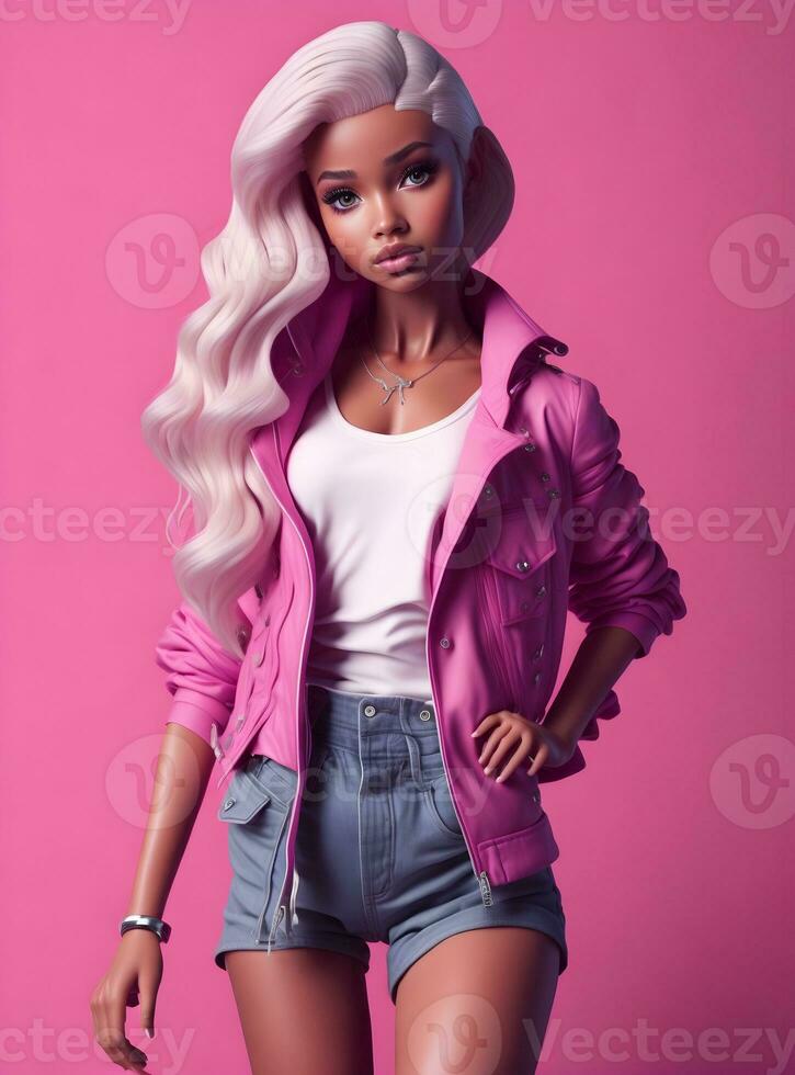 Barbie pop schattig blond meisje roze kleding roze behang ai generatief foto